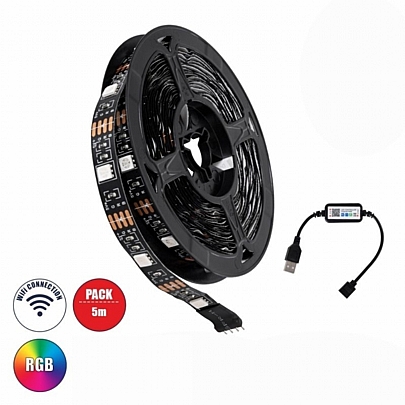 GloboStar Σετ Ταινία LED RGB 5m 36W/5m 150LED/5m 2880lm/m Mε Controller & WiFi Mobile APP Μαύρο Σώμα